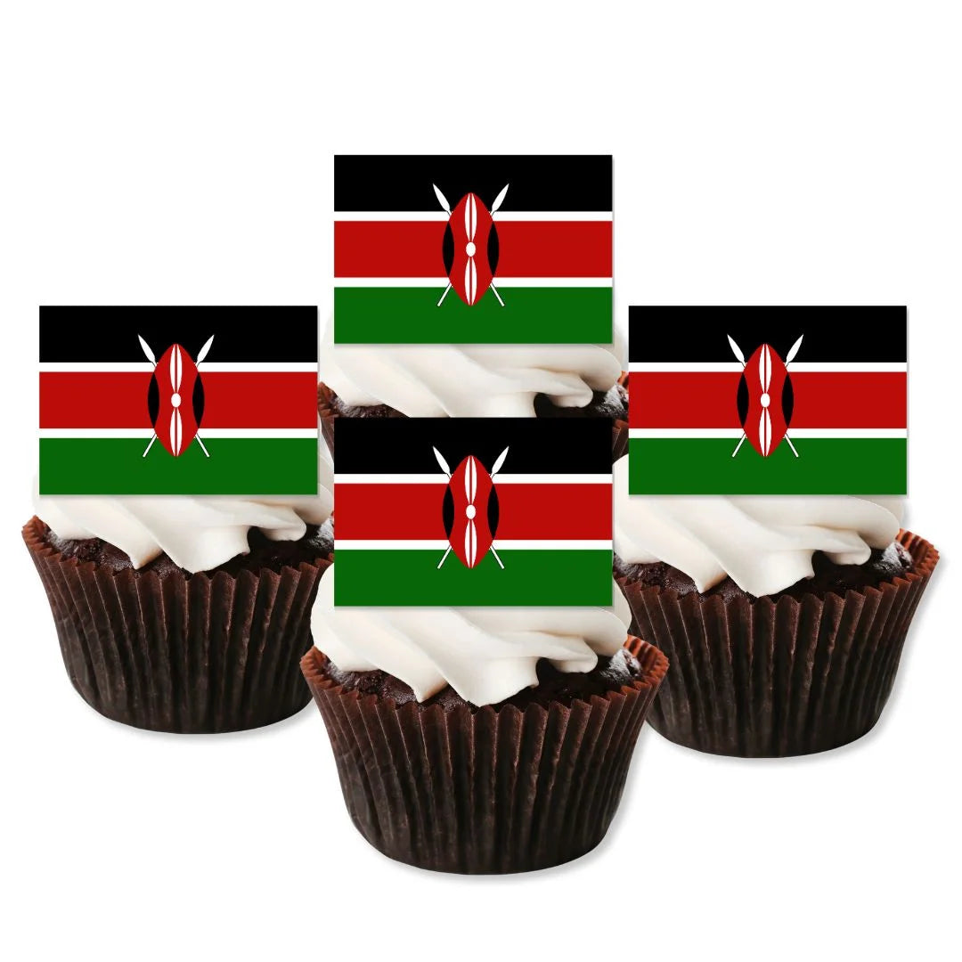 Kenya Flag Edible Cupcake Toppers on chocolate cupcakes with white frosting