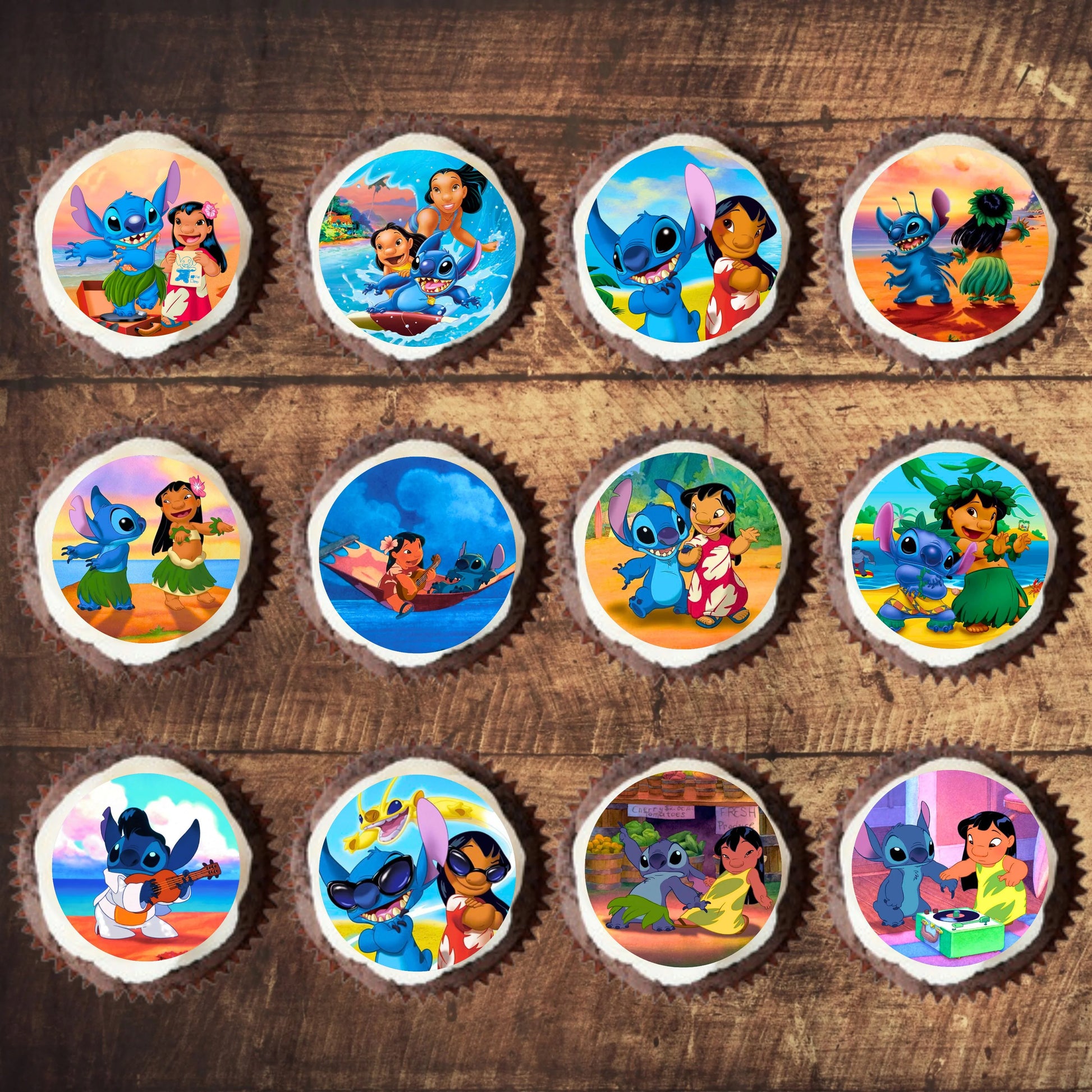 Lilo And Stitch Themed Edible Cupcake Toppers on rainbow frosted cupcakes