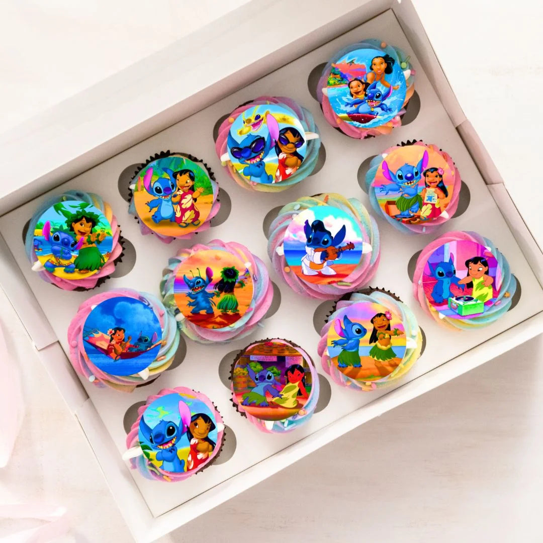 Lilo And Stitch Themed Edible Cupcake Toppers on rainbow frosted cupcakes