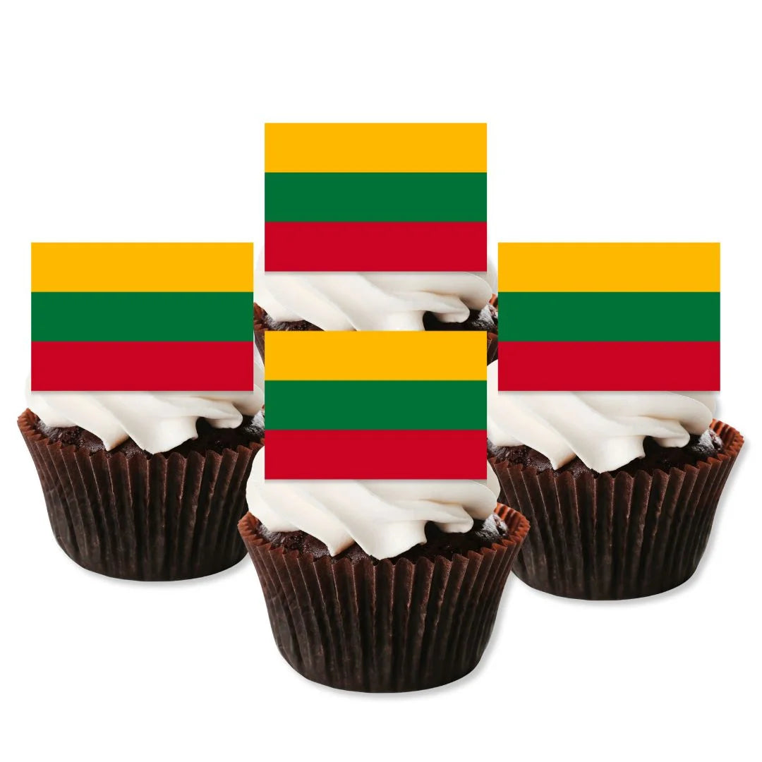 Lithuania Flag Edible Cupcake Toppers on chocolate cupcakes with white frosting 