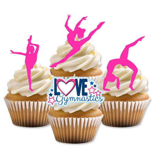 Gymnastics Pink Silhouette Edible Cupcake Toppers on white frosted cupcakes 