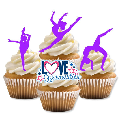 Gymnastics Purple Silhouette Edible Cupcake Toppers on white frosted cupcakes