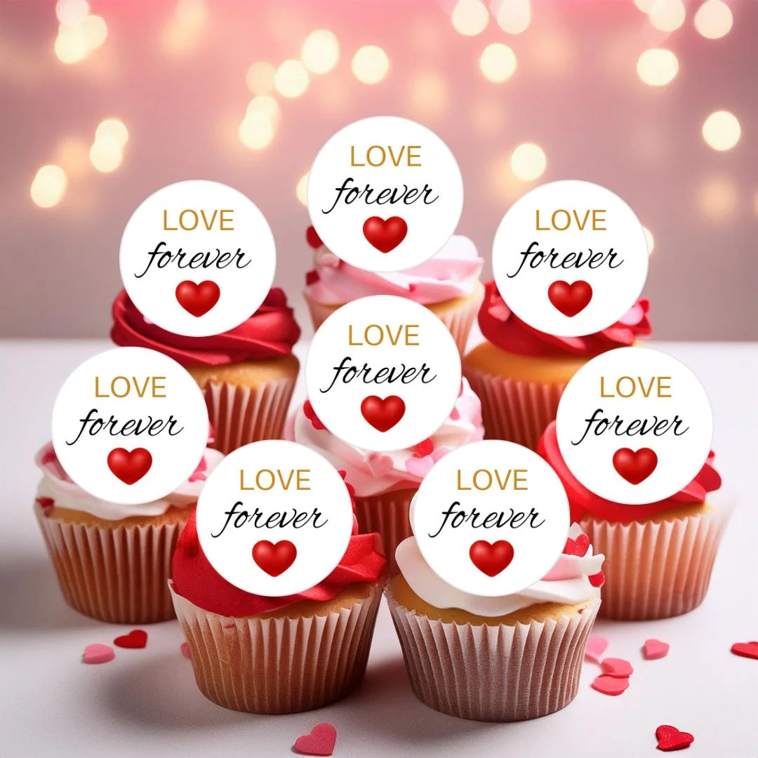 love forever edible engagement toppers on red and pink frosted cupcakes