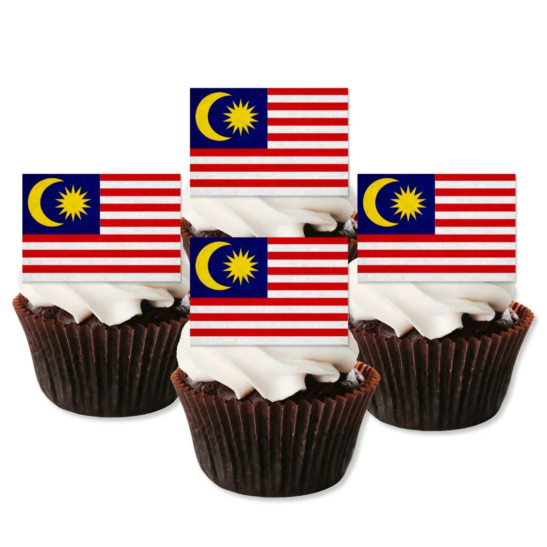 Malaysia Flag Edible Cupcake Toppers on chocolate cupcakes with white frosting 