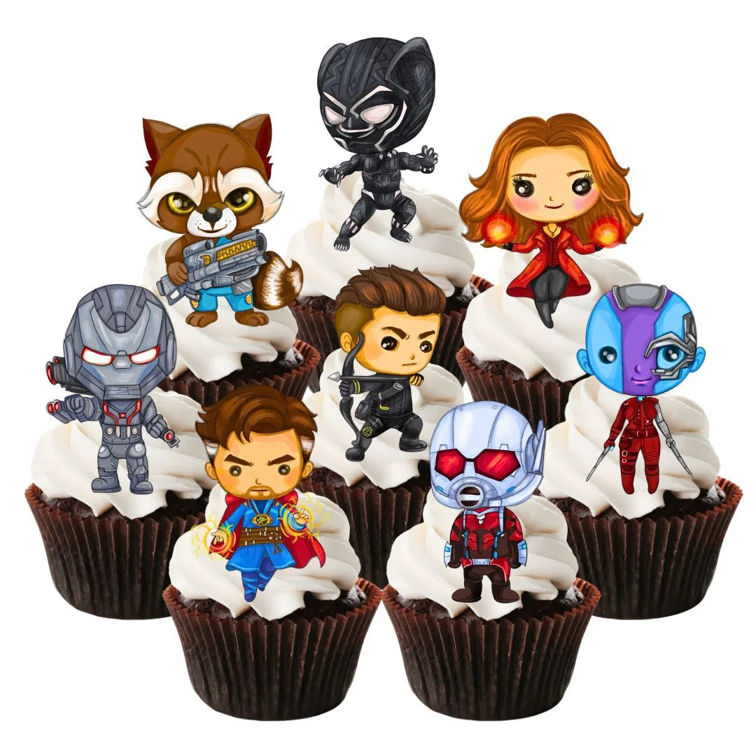 Marvel Superhero Themed Edible Cupcake Toppers on chocolate cupcakes with white frosting