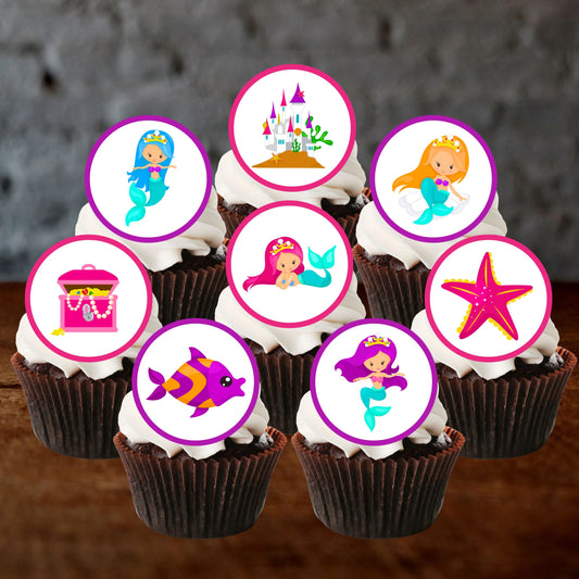 Mermaid Under The Sea Edible Cupcake Toppers on chocolate cupcakes with white frosting 