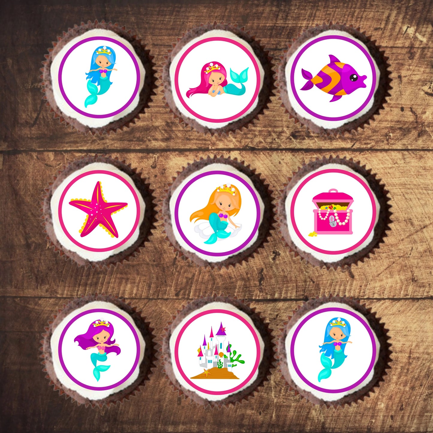 Mermaid Under The Sea Edible Cupcake Toppers on chocolate cupcakes with white frosting 