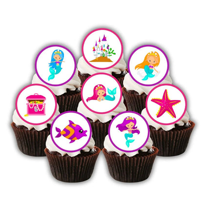 Mermaid Under The Sea Edible Cupcake Toppers on chocolate cupcakes with white frosting 