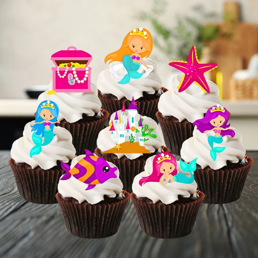 Mermaid + Under Water Theme Edible Cupcake Toppers on chocolate cupcakes with white frosting 