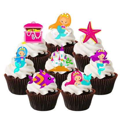 Mermaid + Under Water Theme Edible Cupcake Toppers on chocolate cupcakes with white frosting 