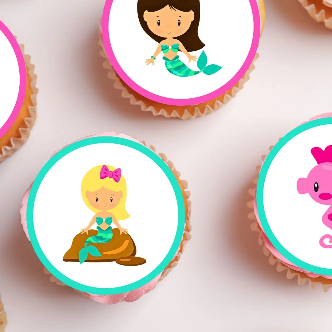 Mermaid Theme Round Edible Cupcake Toppers on chocolate cupcakes with white frosting