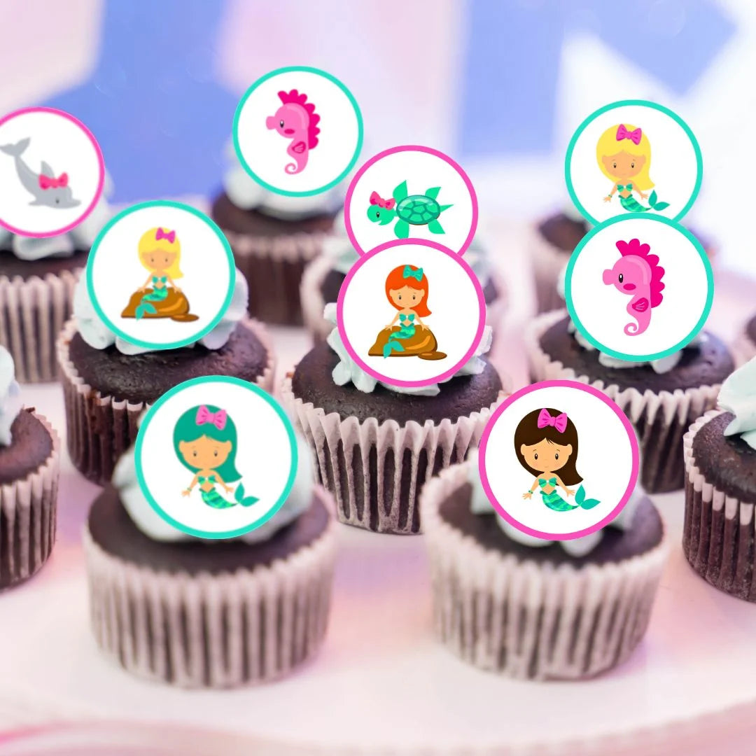 Mermaid Theme Round Edible Cupcake Toppers on chocolate cupcakes with white frosting