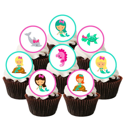 Mermaid Theme Round Edible Cupcake Toppers on chocolate cupcakes with white frosting 