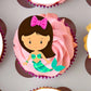 Mermaid Theme Edible Cupcake Toppers on cupcakes with pink frosting 