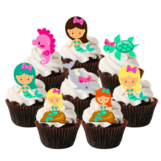 Mermaid Theme Edible Cupcake Toppers on chocolate cupcakes with white frosting 