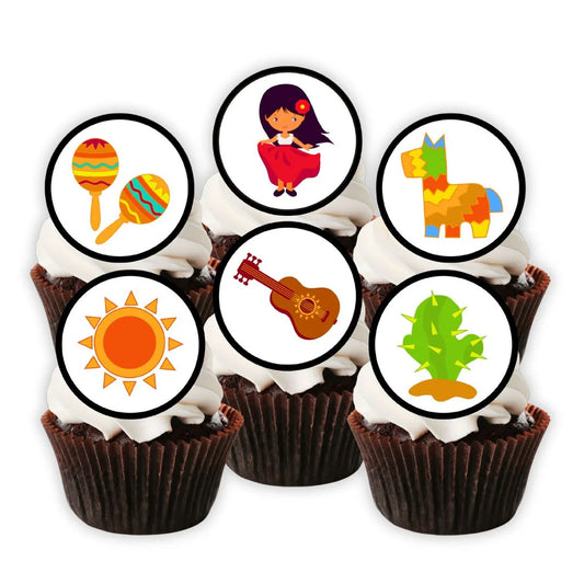 Mexican Theme Edible Cupcake Toppers on chocolate cupcakes with white frosting