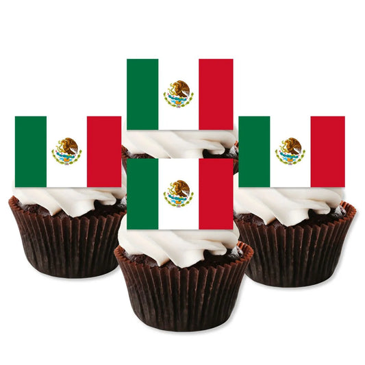 Mexico Flag Edible Cupcake Toppers on chocolate cupcakes with white frosting 