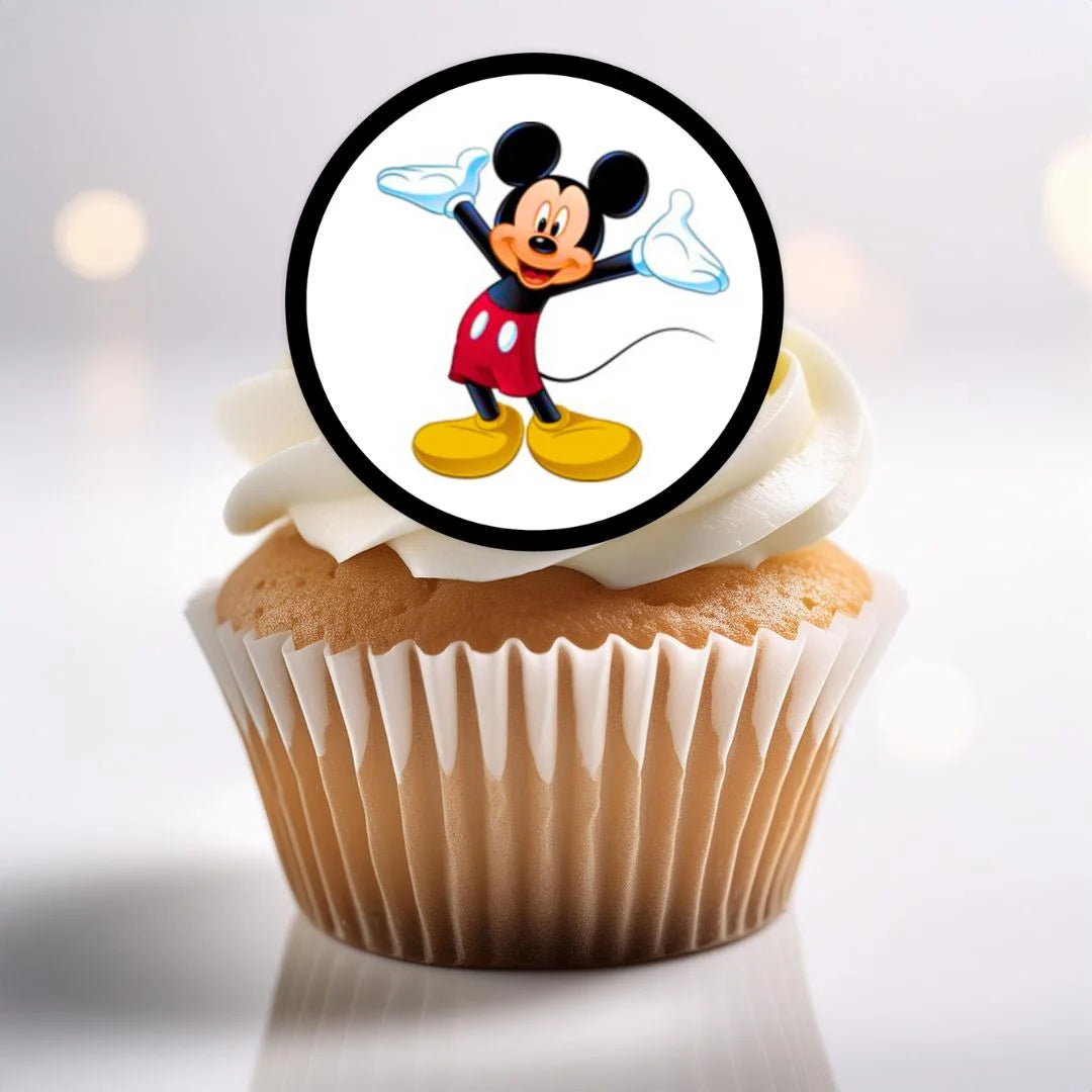 close up of M!ckey Mouse Edible Cupcake Toppers on a white frosted cupcake