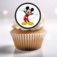 close up of M!ckey Mouse Edible Cupcake Toppers on a white frosted cupcake