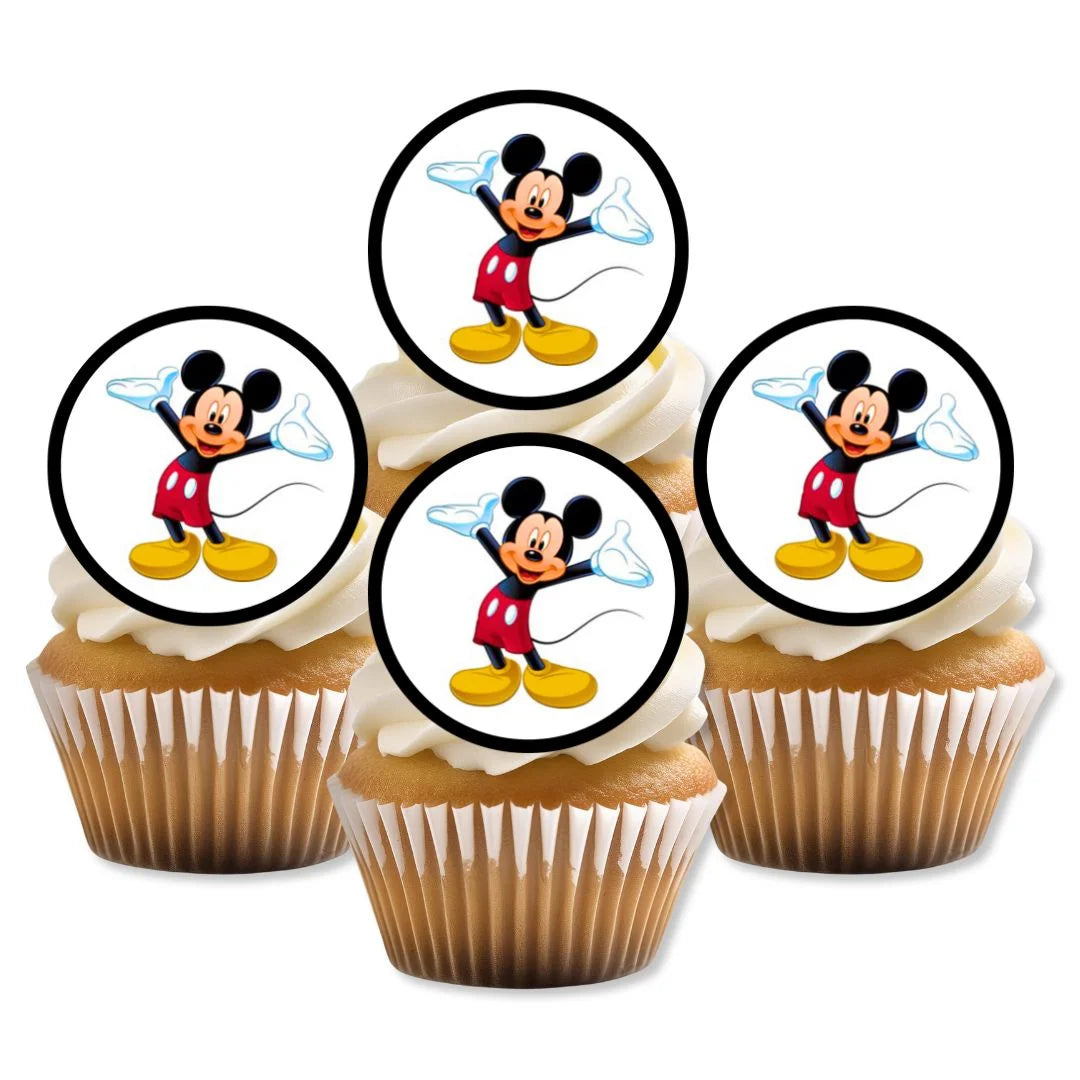 M!ckey Mouse Edible Cupcake Toppers on four white frosted cupcakes 