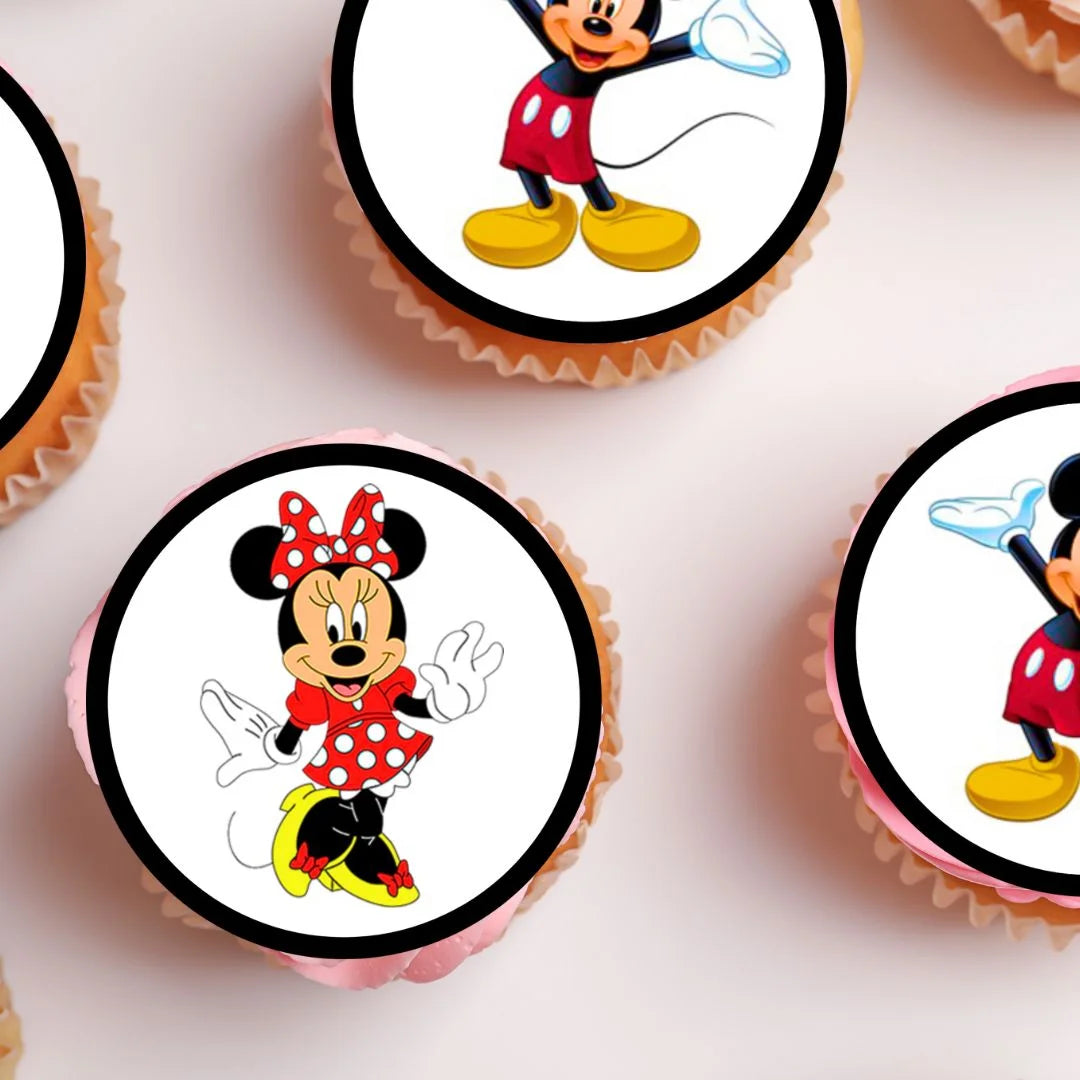 Minnie & Mickey Mouse Edible Cupcake Toppers on white frosted cupcakes