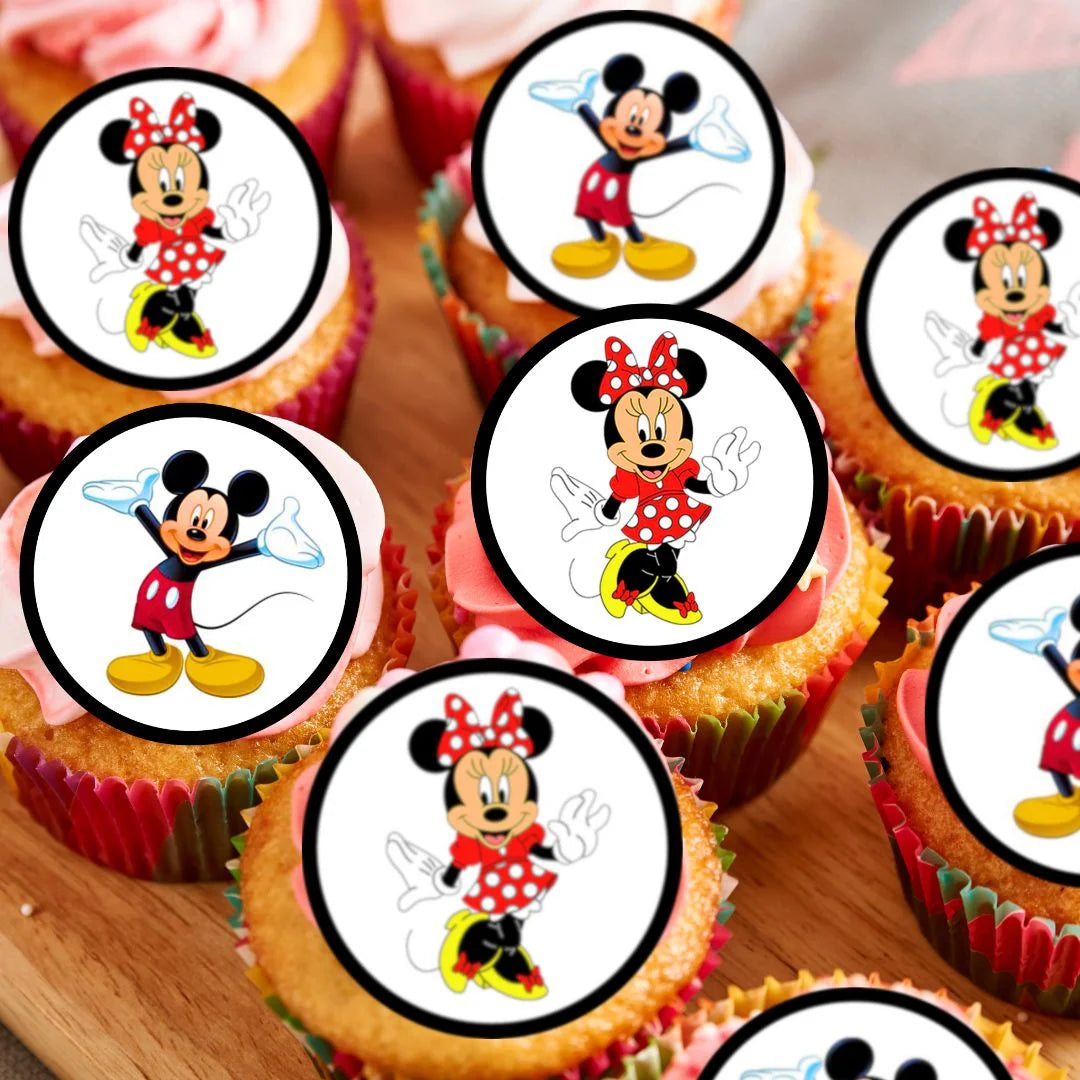 Minnie & Mickey Mouse Edible Cupcake Toppers on white frosted cupcakes