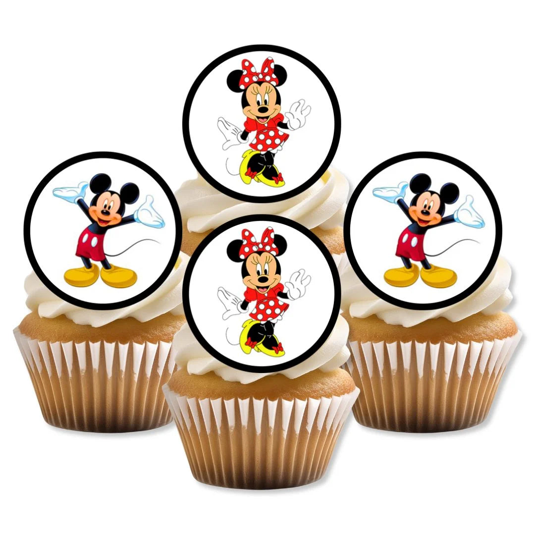 Minnie & Mickey Mouse Edible Cupcake Toppers on white frosted cupcakes