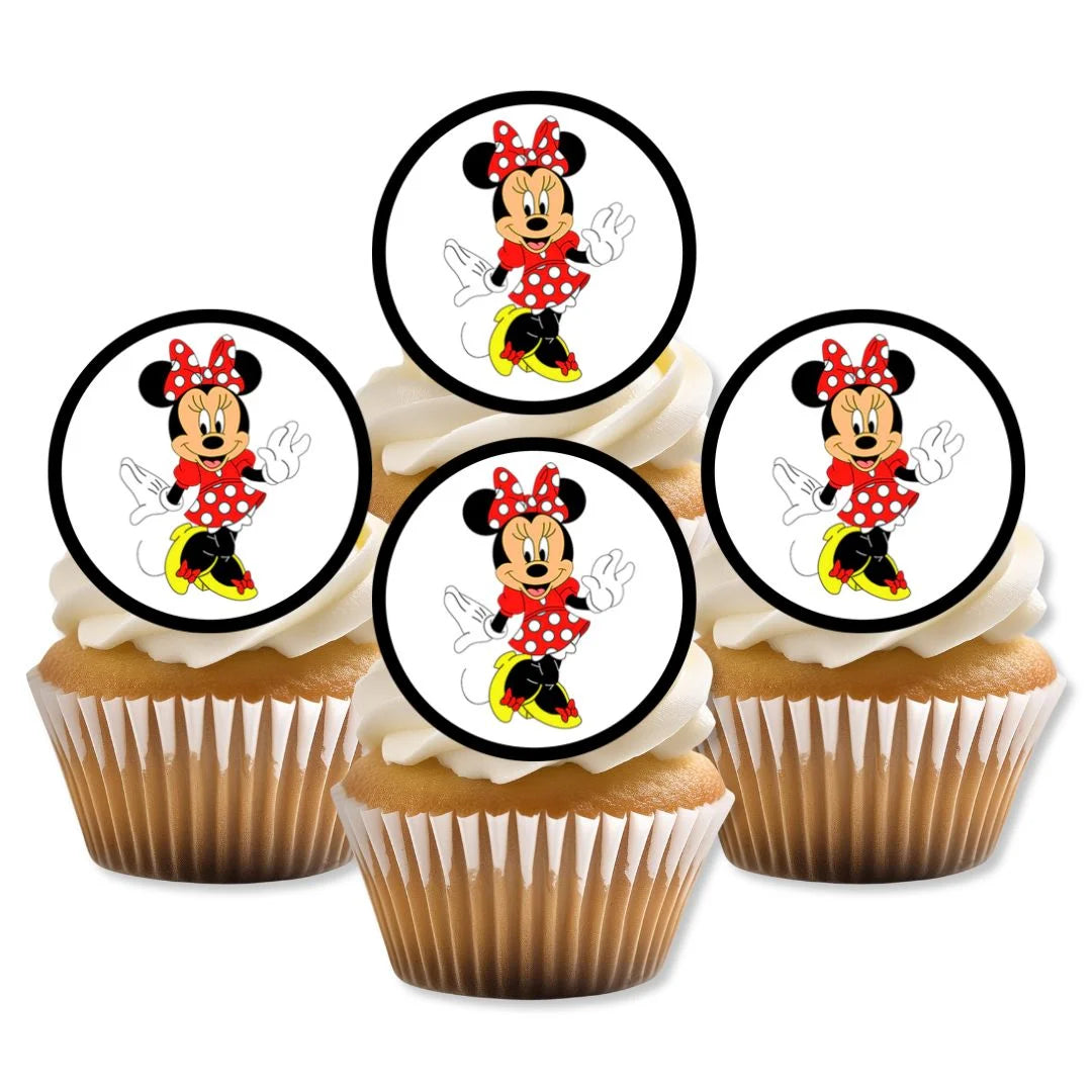 Minnie Mouse Edible Cupcake Toppers on white frosted cupcakes