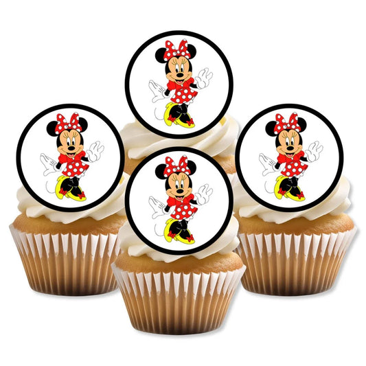 Minnie Mouse Edible Cupcake Toppers on white frosted cupcakes