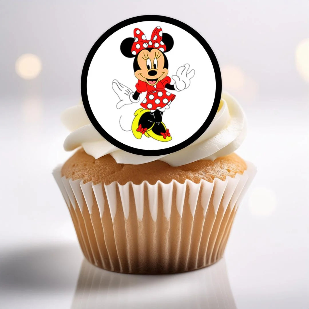 Minnie Mouse Edible Cupcake Toppers on white frosted cupcakes