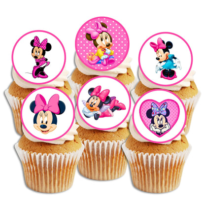 Minnie Mouse Pink Edible Cupcake Toppers on white frosted cupcakes 