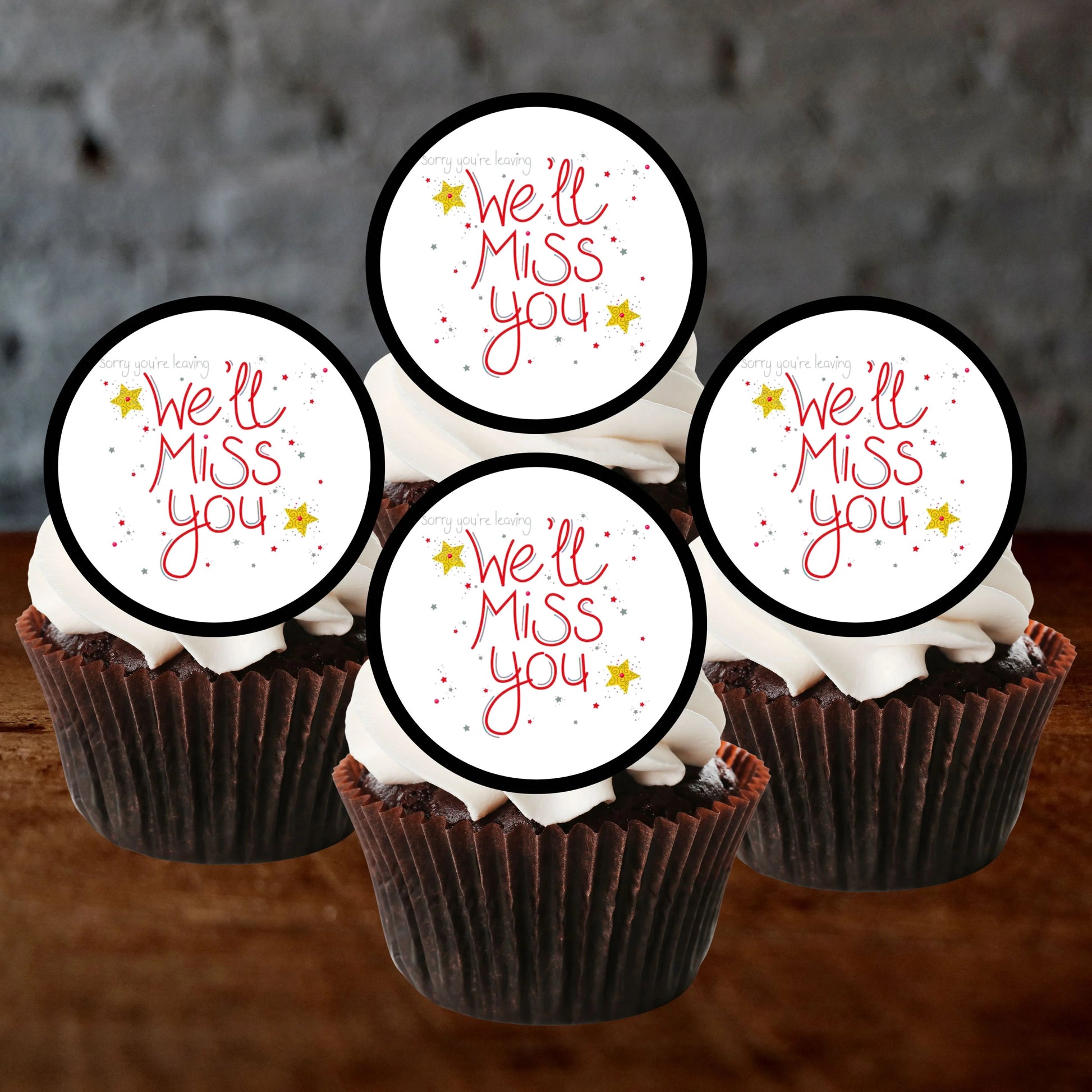 Miss You Edible Cupcake Toppers on chocolate cupcakes with white frosting