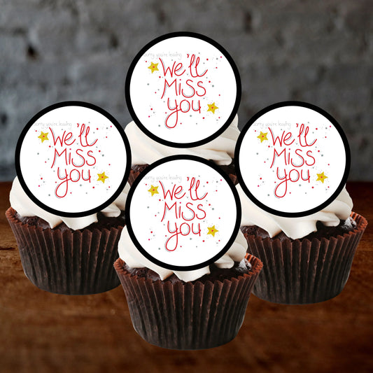 Miss You Edible Cupcake Toppers on chocolate cupcakes with white frosting