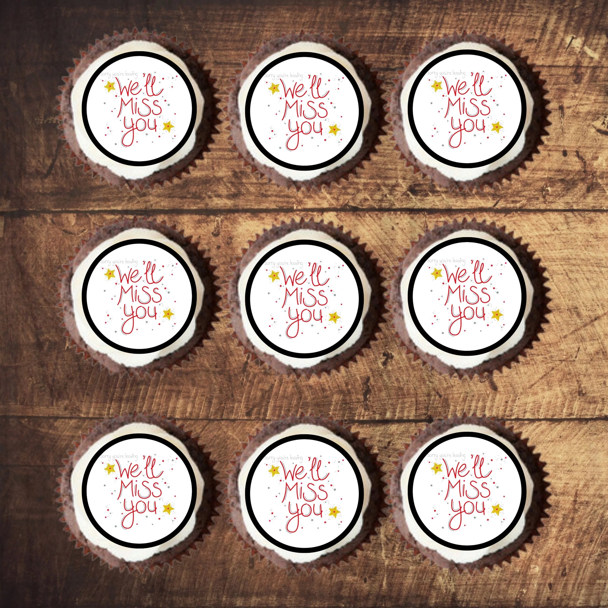 Miss You Edible Cupcake Toppers on chocolate cupcakes with white frosting