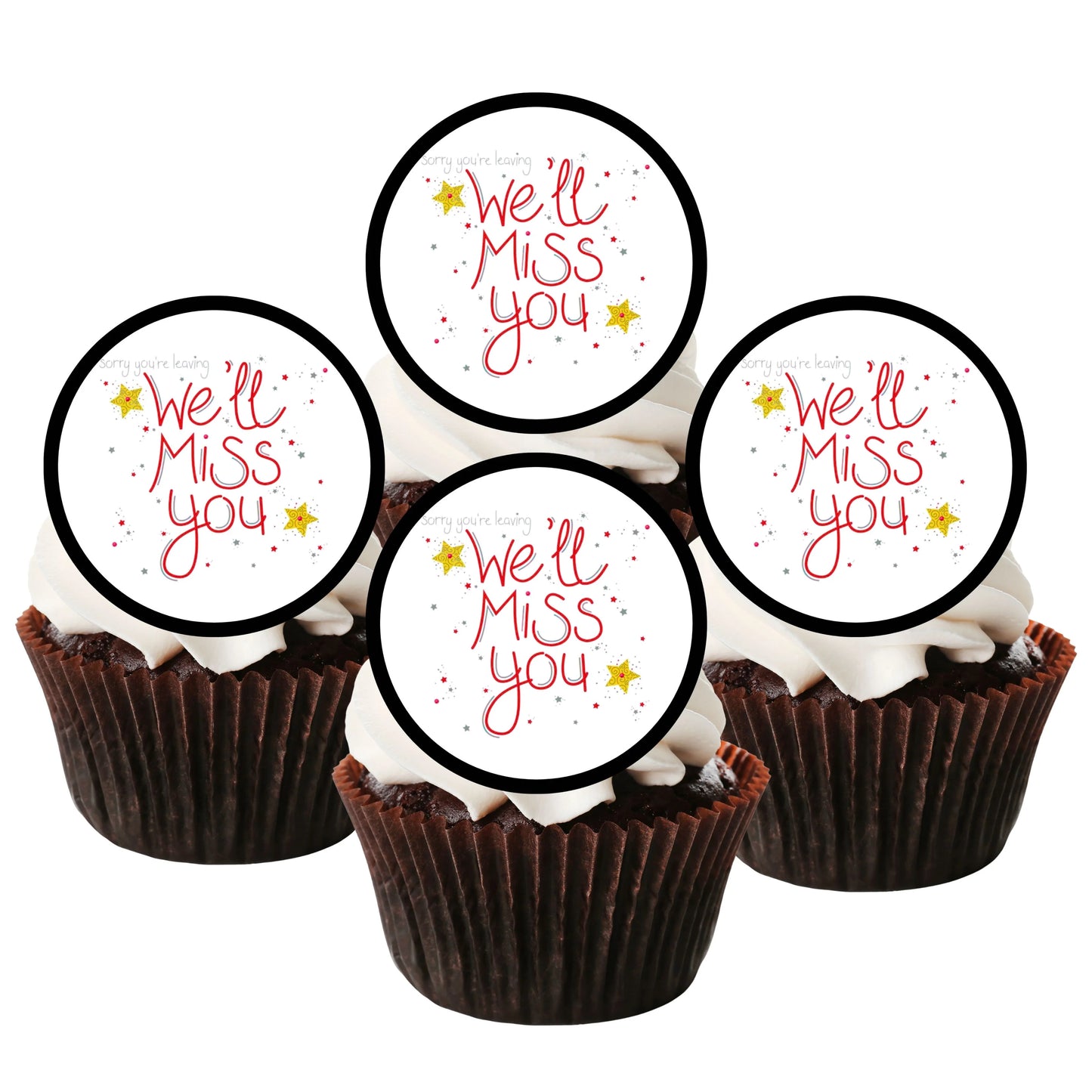 Miss You Edible Cupcake Toppers on chocolate cupcakes with white frosting 