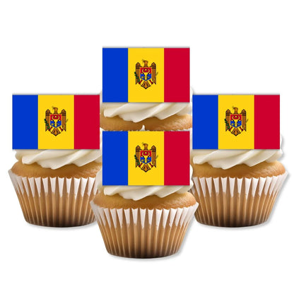 Moldova Flag Edible Cupcake Toppers on white frosted cupcakes