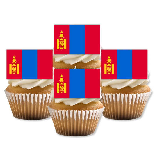 Mongolia Flag Edible Cupcake Toppers on white frosted cupcakes 