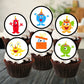 six cupcakes with Birthday Party Monsters Edible Cupcake Toppers with cute colourful monster characters