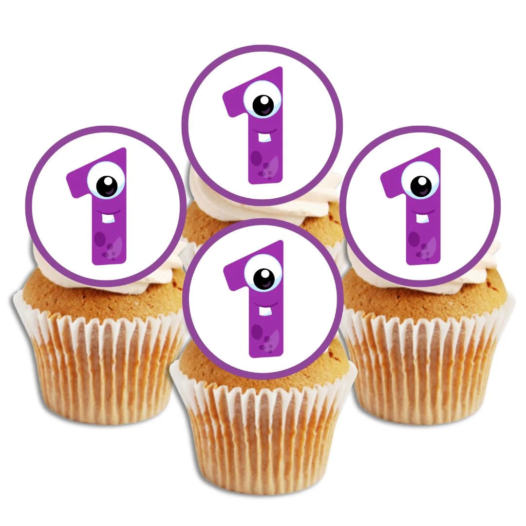 1st Birthday Monster Theme Edible Cupcake Toppers on white frosted cupcakes 