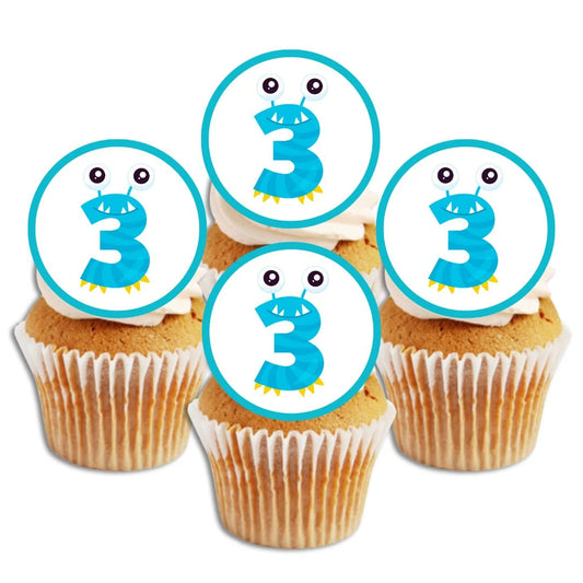 3rd Birthday Monster Theme Edible Cupcake Toppers on white frosted cupcakes 