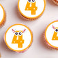 4th Birthday Monster Theme Edible Cupcake Toppers with orange number 4 on white iced cupcakes