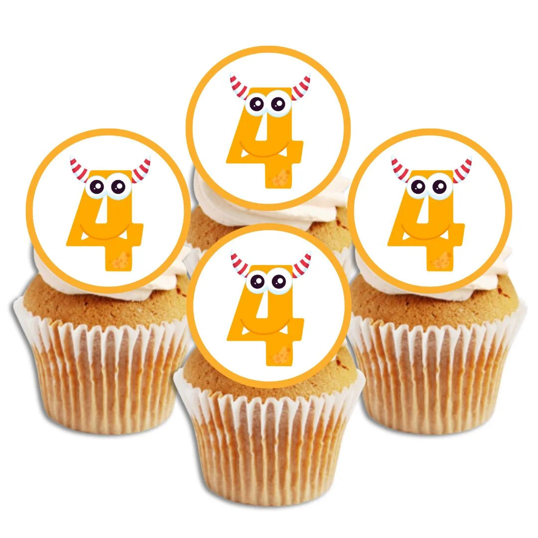 4th Birthday Monster Theme Edible Cupcake Toppers with orange number 4 on white iced cupcakes