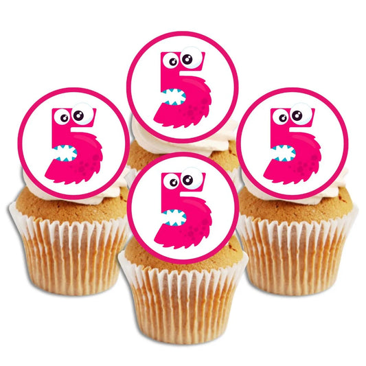 5th Birthday pink Monster Theme Edible Cupcake Toppers on white frosted cupcakes