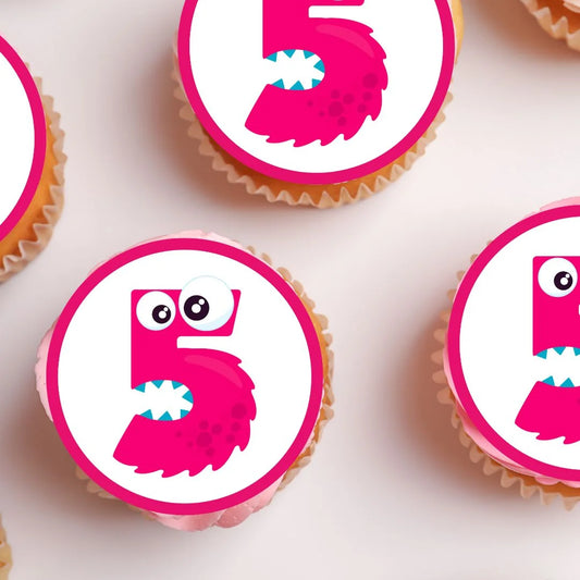 5th Birthday pink Monster Theme Edible Cupcake Toppers on white frosted cupcakes