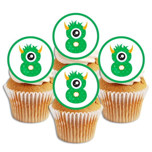 8th Birthday Monster Theme Edible Cupcake Toppers on white frosted cupcakes