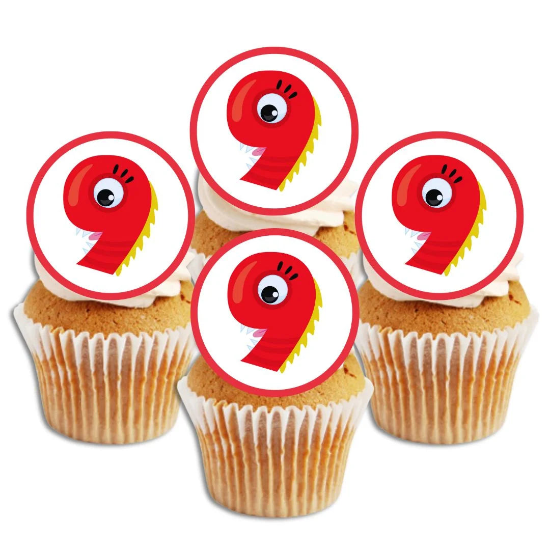 9th Birthday Edible Monster Theme Cupcake Toppers on white frosted cupcakes 