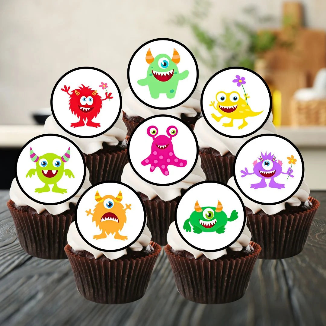 colourful Monsters Edible Cupcake Toppers on chocolate cupcakes with white frosting 