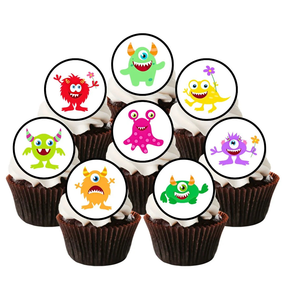 colourful Monsters Edible Cupcake Toppers on chocolate cupcakes with white frosting 