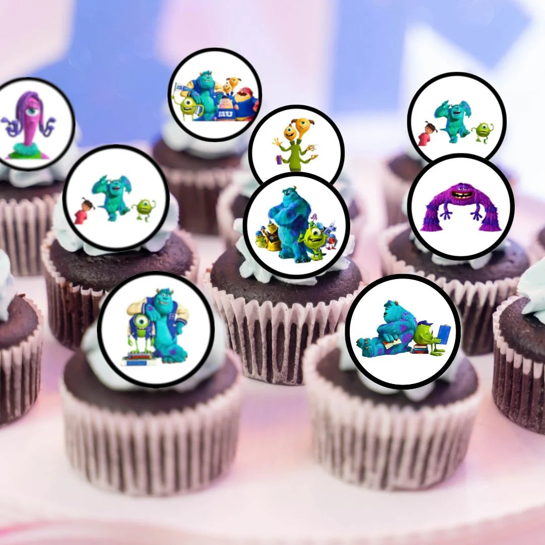 Monster Theme Edible Cupcake Toppers on chocolate cupcakes with white frosting 