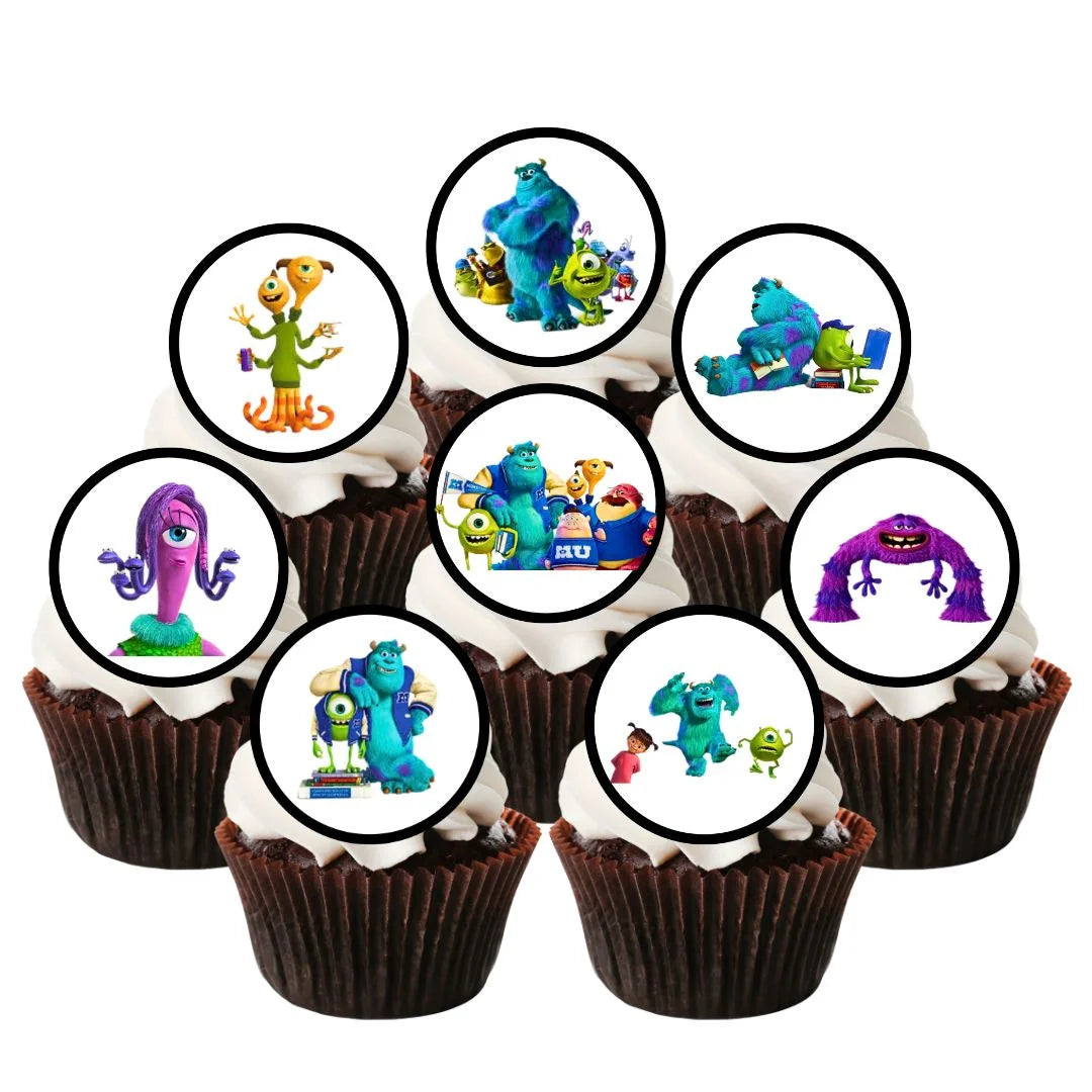 Monster Theme Edible Cupcake Toppers on chocolate cupcakes with white frosting 